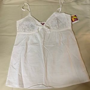 New Med White Woven Cotton Tank Top Silver Embroid
